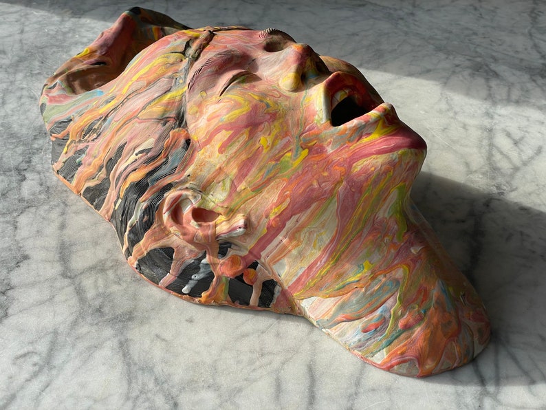 Mouth vase bust wall sculpture colorful marbled porcelain slip painting drips fluid art stoneware statue trophy head ceramic face pottery image 6