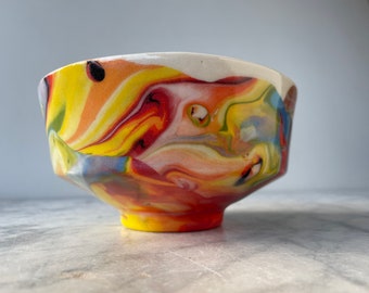 Marbled tea bowl slip pour painting chawan vessel full color spectrum porcelain drips