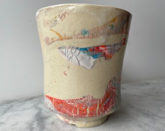 Marbled cup stretch textured slip pour painting yunomi vessel full color spectrum porcelain drips pottery teacup