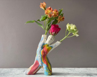 Body Painted Figurine Bud Vase Sculpture, Female Figure Vessel Erotic Ikebabna Mature Classical Woman Surreal Art Torso Marbled Pottery