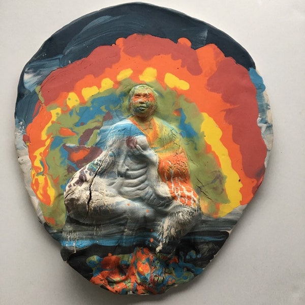 Ceramic Buddha Relief Sculpture, Jizo Bodhisattva, Rainbow Wall Art Platter, Figurative Roundel, Seated Monk in Colored Porcelain