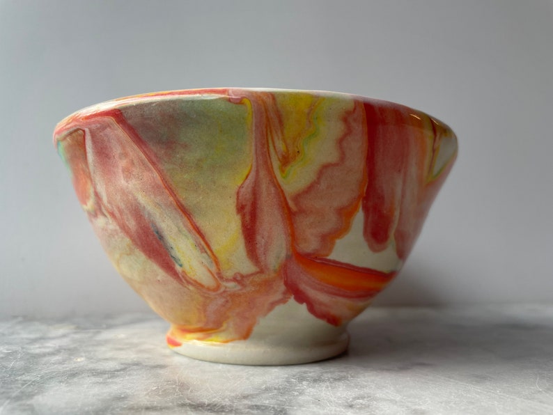 Small bowl marbled drippy colored slip pour painting pottery fluid art ceramics porcelain vessel image 3