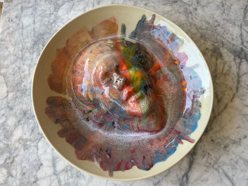 Face sculpture wall hanging platter portrait relief fruit bowl figure art pottery plate head of a woman halo marbled porcelain rainbow drips image 3