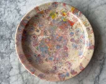 Marbled plate ceramic art pottery platter with colored porcelain slip on stoneware, clear glazed marbled fluid painting serving dish