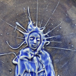 Blue glazed plate buddha meditation textured glaze painting plate, yoga serving art wall hanging pottery platter image 7