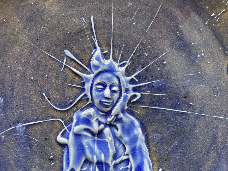 Blue glazed plate buddha meditation textured glaze painting plate, yoga serving art wall hanging pottery platter image 7