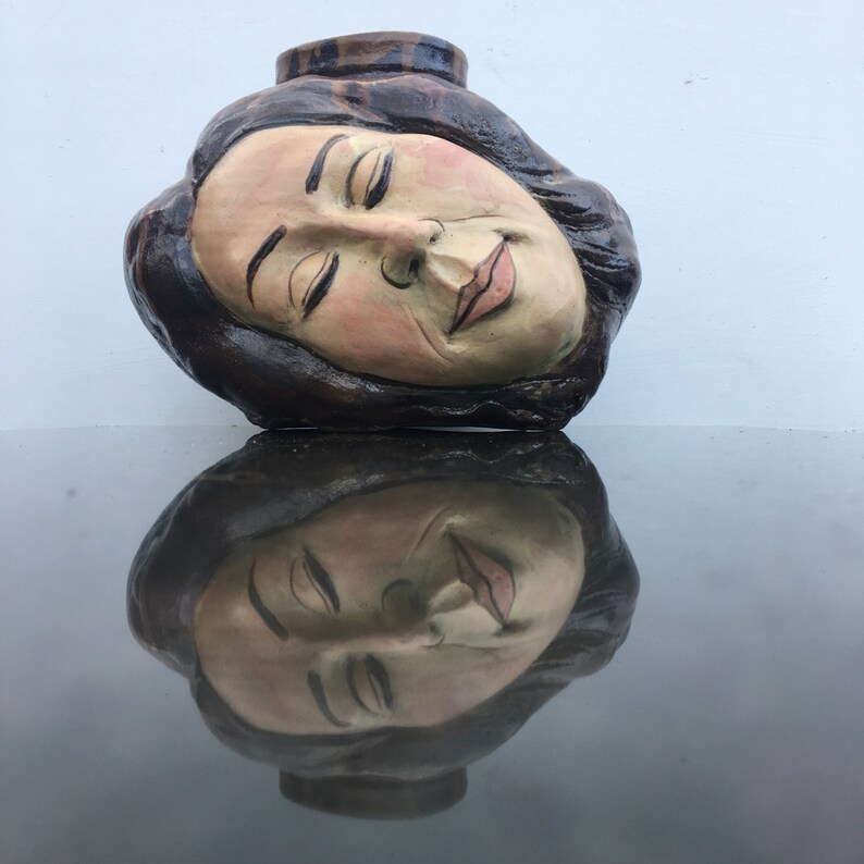 Surreal Art Vase, Dreaming Head Vessel Sculpture, Wabi Sabi Ikebana Face Pot, Sleeping Goddess image 1
