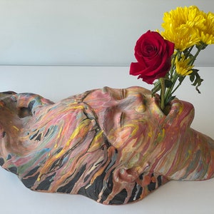 Mouth vase bust wall sculpture colorful marbled porcelain slip painting drips fluid art stoneware statue trophy head ceramic face pottery image 1