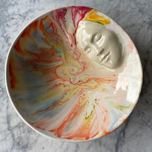 Marbled Face Bowl Ceramic Art Centerpiece Serving Sculpture Bas Relief Vessel, Wall Hanging Roundel Pour Painting image 1