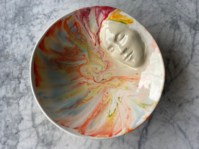 Marbled Face Bowl Ceramic Art Centerpiece Serving Sculpture Bas Relief Vessel, Wall Hanging Roundel Pour Painting image 1