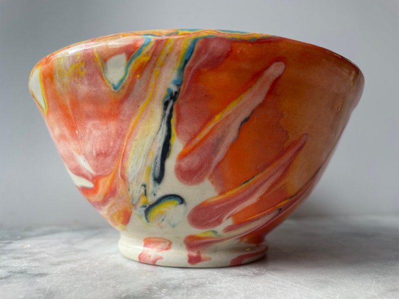 Small bowl marbled drippy colored slip pour painting pottery fluid art ceramics porcelain vessel image 5