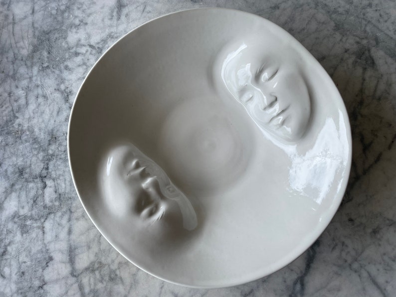 Made to Order Yin Yang Lovers Bowl, Wall Hanging Platter Ceramic Serving Vessel Figure Sculpture Bas Relief Faces Roundel Relationship Art image 5
