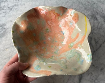 Marbled ceramic bowl, colorful porcelain rainbow slip pour painting serving bowl art pottery clear glazed vessel centerpiece