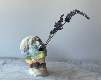 Ceramic mouth vase head sculpture portrait of a woman, centerpiece bust functional art marbled porcelain pottery vessel