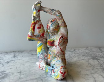 Ceramic figure sculpture stretching nude  statue fluid painting marbled porcelain slip on stoneware clay body mature
