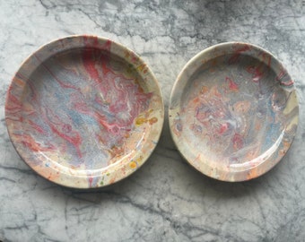 Set of 2 Marbled plates ceramic fluid art pottery colored porcelain slip, clear glazed marbled painting serving dish