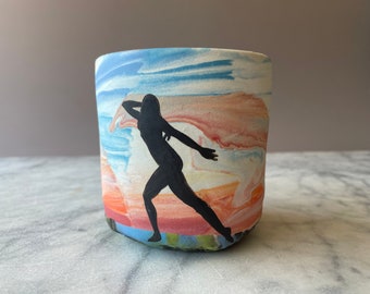 Sunset cup silhouette painting marbled colored slip pottery fluid art ceramics porcelain vessel yunomi teacup mug tumbler dancing woman