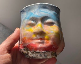 Sunset face cup drippy marbled colored porcelain slip pottery fluid art ceramics vessel yunomi teacup mug sculpture