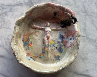 Porte-savon à flotteur arrière déesse marbré arc-en-ciel piscine bain maigre nageur art poterie figurine nue assiette porte-documents cendrier