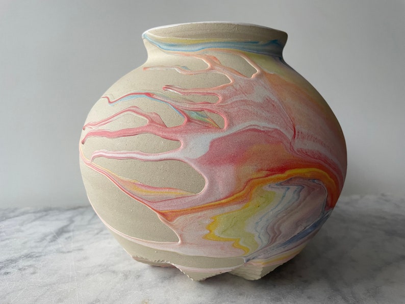 Marbled vase, large moon jar pottery vessel colored clay fluid art pour painting ceramics centerpiece pot image 4