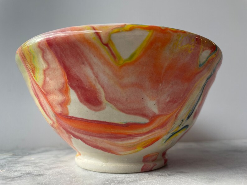 Small bowl marbled drippy colored slip pour painting pottery fluid art ceramics porcelain vessel image 4