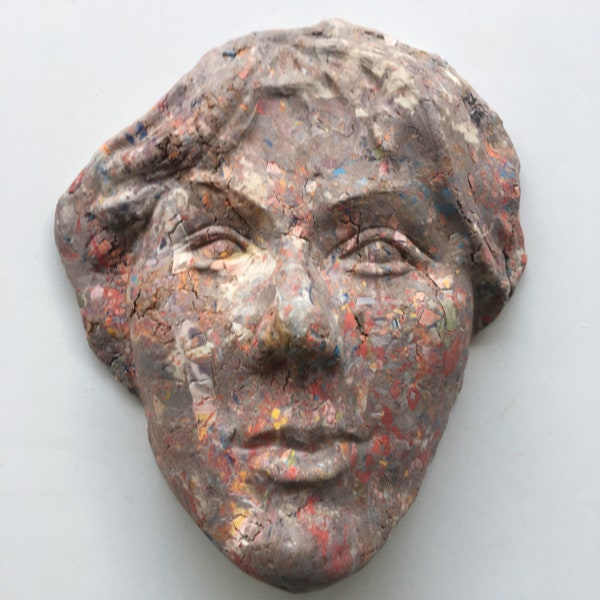 Wall mask face sculpture head, ceramic art portrait of Abba singer, rock star woman marbled porcelain