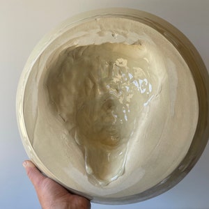 Face sculpture wall hanging platter portrait relief fruit bowl figure art pottery plate head of a woman halo marbled porcelain rainbow drips image 10