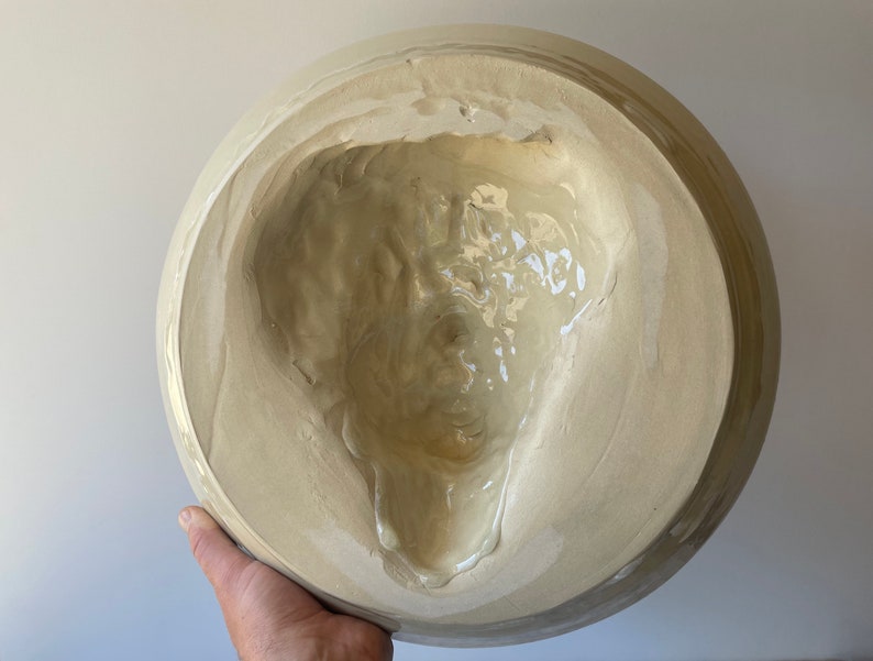 Face sculpture wall hanging platter portrait relief fruit bowl figure art pottery plate head of a woman halo marbled porcelain rainbow drips image 10