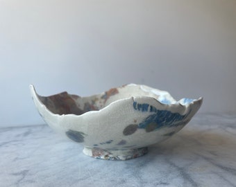 Marbled ceramic bowl, colorful porcelain slip pour painting serving bowl art pottery clear crackle glazed vessel centerpiece