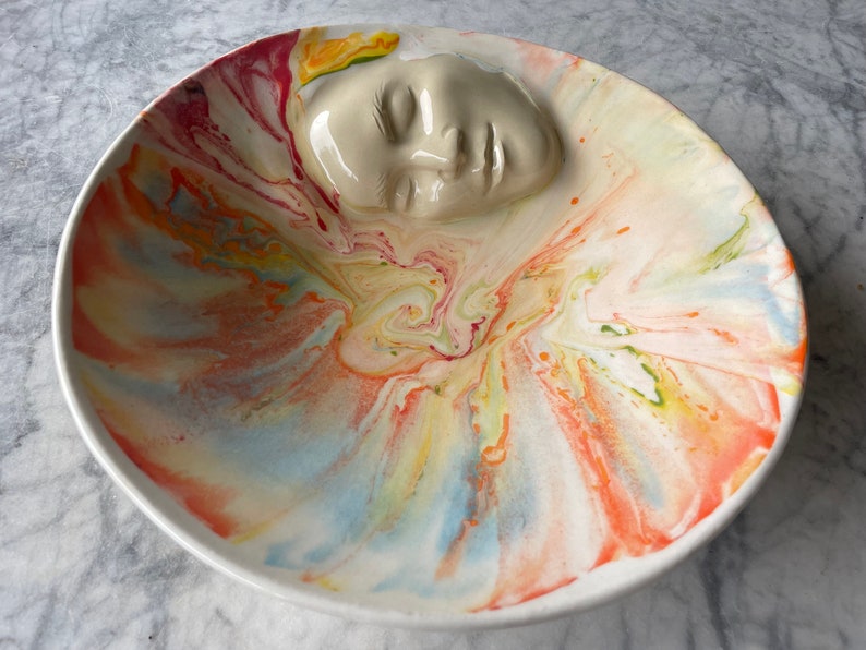 Marbled Face Bowl Ceramic Art Centerpiece Serving Sculpture Bas Relief Vessel, Wall Hanging Roundel Pour Painting image 8