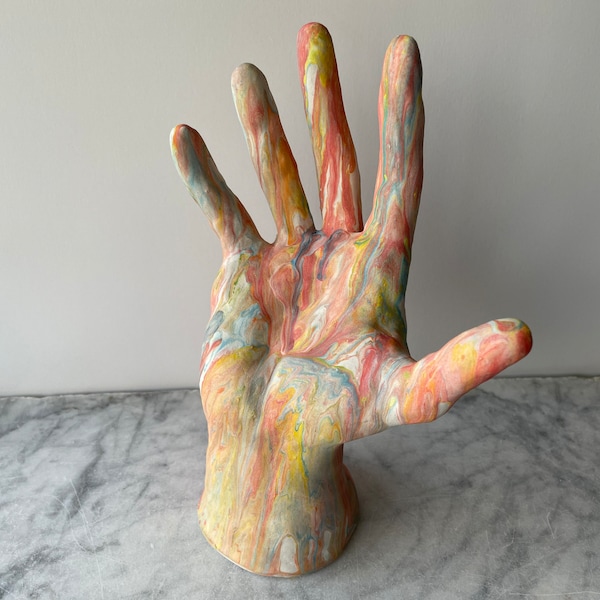 Artists Hand Sculpture Figure Ceramic Art Fragment Rainbow Slip Drips Freestanding or Wall Mounted Colorful Painting
