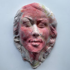 Ceramic Wall Art Mask of a Woman, Sculpture Face With Splash Marbled Colored Porcelain Clay
