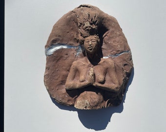 Prayer Sculpture Relief, Metta Meditation Figure, Yoga Woman Wall Art Peace Garden Wild Clay Kintsugi