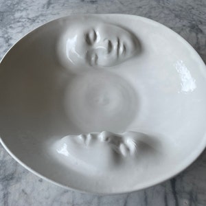 Made to Order Yin Yang Lovers Bowl, Wall Hanging Platter Ceramic Serving Vessel Figure Sculpture Bas Relief Faces Roundel Relationship Art image 4