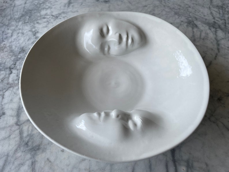 Made to Order Yin Yang Lovers Bowl, Wall Hanging Platter Ceramic Serving Vessel Figure Sculpture Bas Relief Faces Roundel Relationship Art image 4