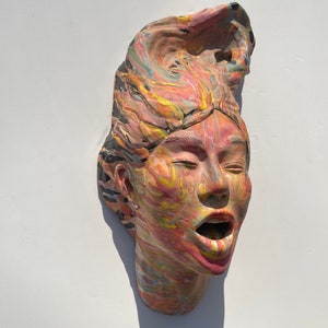 Mouth vase bust wall sculpture colorful marbled porcelain slip painting drips fluid art stoneware statue trophy head ceramic face pottery image 3