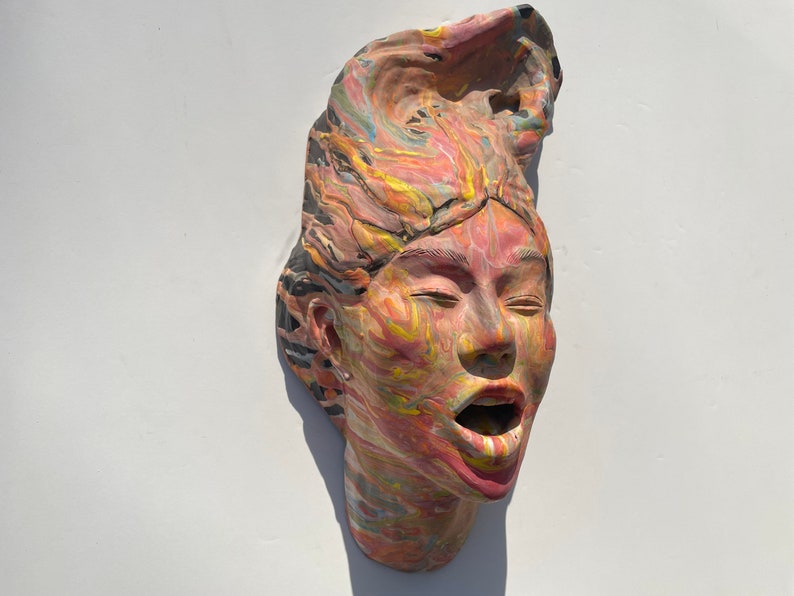 Mouth vase bust wall sculpture colorful marbled porcelain slip painting drips fluid art stoneware statue trophy head ceramic face pottery image 3