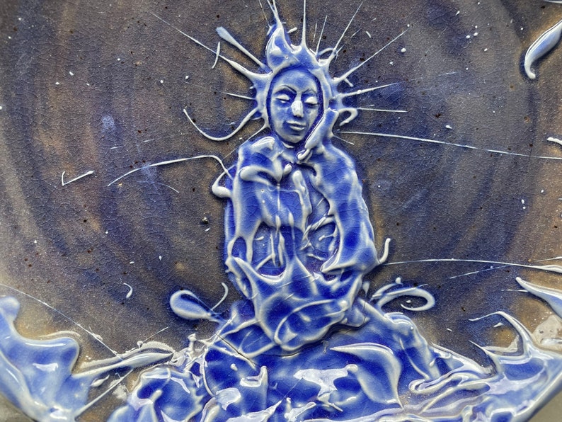 Blue glazed plate buddha meditation textured glaze painting plate, yoga serving art wall hanging pottery platter image 6