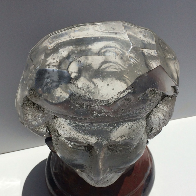 Cast glass face sculpture prism faceted suncatcher bust with ceramic pottery base portrait head