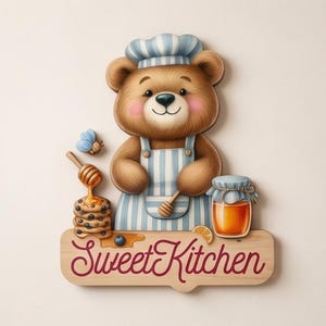 May include: A decorative wall sign featuring a brown bear wearing a blue and white striped chef hat and apron. The bear holds a honey dipper over a stack of blueberry pancakes. A jar of honey, a small bee, and the text Sweet Kitchen are included.