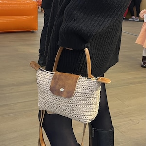 Crochet Raffia Crossbody Bag with Leather Handle, Mini Handbag, Waist Bag, Adjustable Strap, Gift for Her, Boho Summer Purse