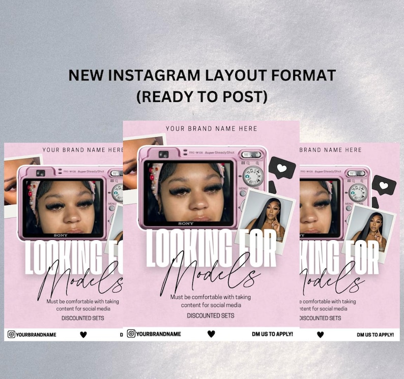 A stylish and modern Models Wanted Flyer Template for lash techs, designed in soft pink and neutral tones. The flyer features bold, eye-catching text inviting models for lash extensions, with space for custom details like pricing, availability, and contact information. Fully editable in Canva, making it easy to personalise for branding. Perfect for lash artists looking to attract new clients and build their portfolio. Digital download only.