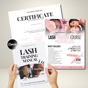 May include: A certificate of completion and a Lash Training Manual are displayed next to a Lash Training Course Masterclass flyer. The flyer includes a list of what's included in the course, such as lash prep, isolation, and theory.