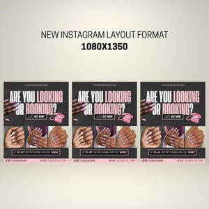 Editable 'Are You Looking for Bookings?' flyer template for nail technicians, featuring a modern, clean design with soft neutral tones, nail art images, and customisable text for Instagram promotion – ideal for digital marketing and attracting new nail clients.