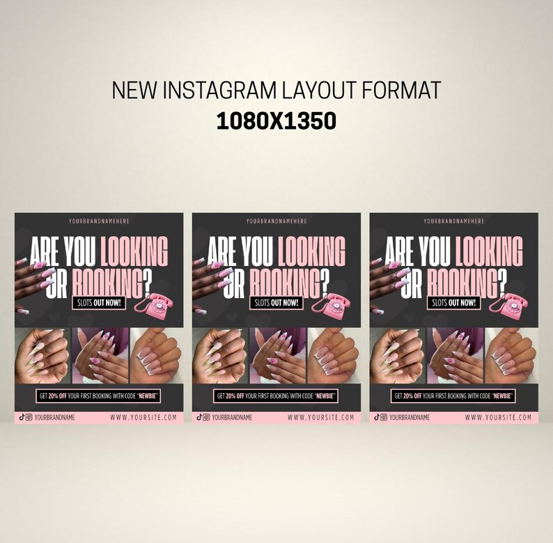 Editable 'Are You Looking for Bookings?' flyer template for nail technicians, featuring a modern, clean design with soft neutral tones, nail art images, and customisable text for Instagram promotion – ideal for digital marketing and attracting new nail clients.