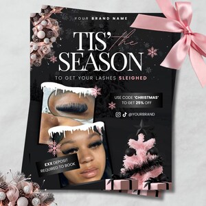 Plantilla editable de volante de reserva navideña / Promoción de salón de belleza / Salón de uñas y pestañas / Estilista / Publicación de volante de diciembre / Marketing festivo