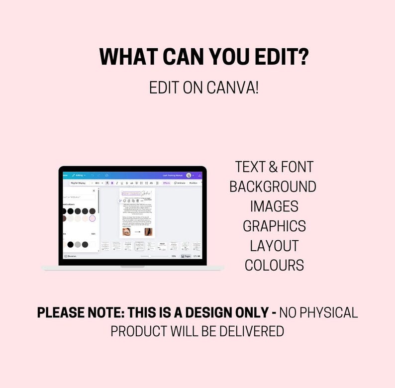 Editable lash training manual template for lash artists and beauty educators – fully customizable eyelash extension training guide for beginners and advanced students – perfect Canva template for lash technician courses, lash extension classes, esthetician training, and beauty business branding – includes sections for lash theory, client consultation, lash mapping, aftercare, and certification