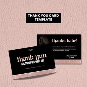 Thank you card Canva template displayed in multiple mockups on a pink textured background. Editable design for beauty suppliers, lash brands, and hair vendors.
