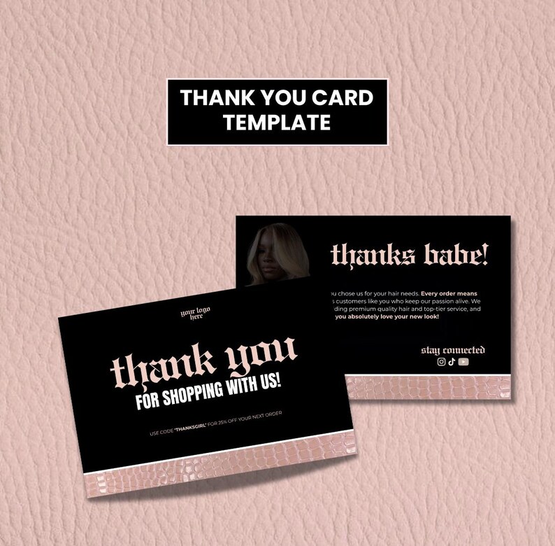 Thank you card Canva template displayed in multiple mockups on a pink textured background. Editable design for beauty suppliers, lash brands, and hair vendors.
