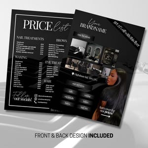 Editable and printable A5 price list menu flyer Canva template for beauty salons, hair stylists, lash techs, nail artists, and makeup artists. Modern, professional design perfect for showcasing beauty service prices and packages. Fully customisable in Canva — easily change colours, text, and fonts to match your brand. Ideal for printing or sharing digitally on Instagram and social media to promote beauty services.
